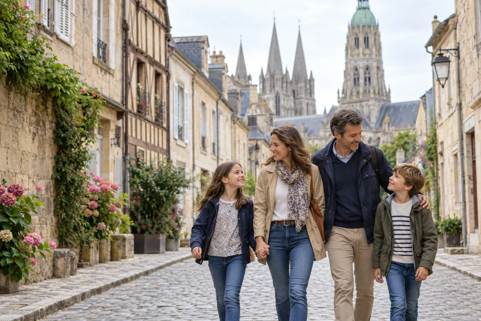 Famille se promenant dans le centre historique de Bayeux près de la cathédrale