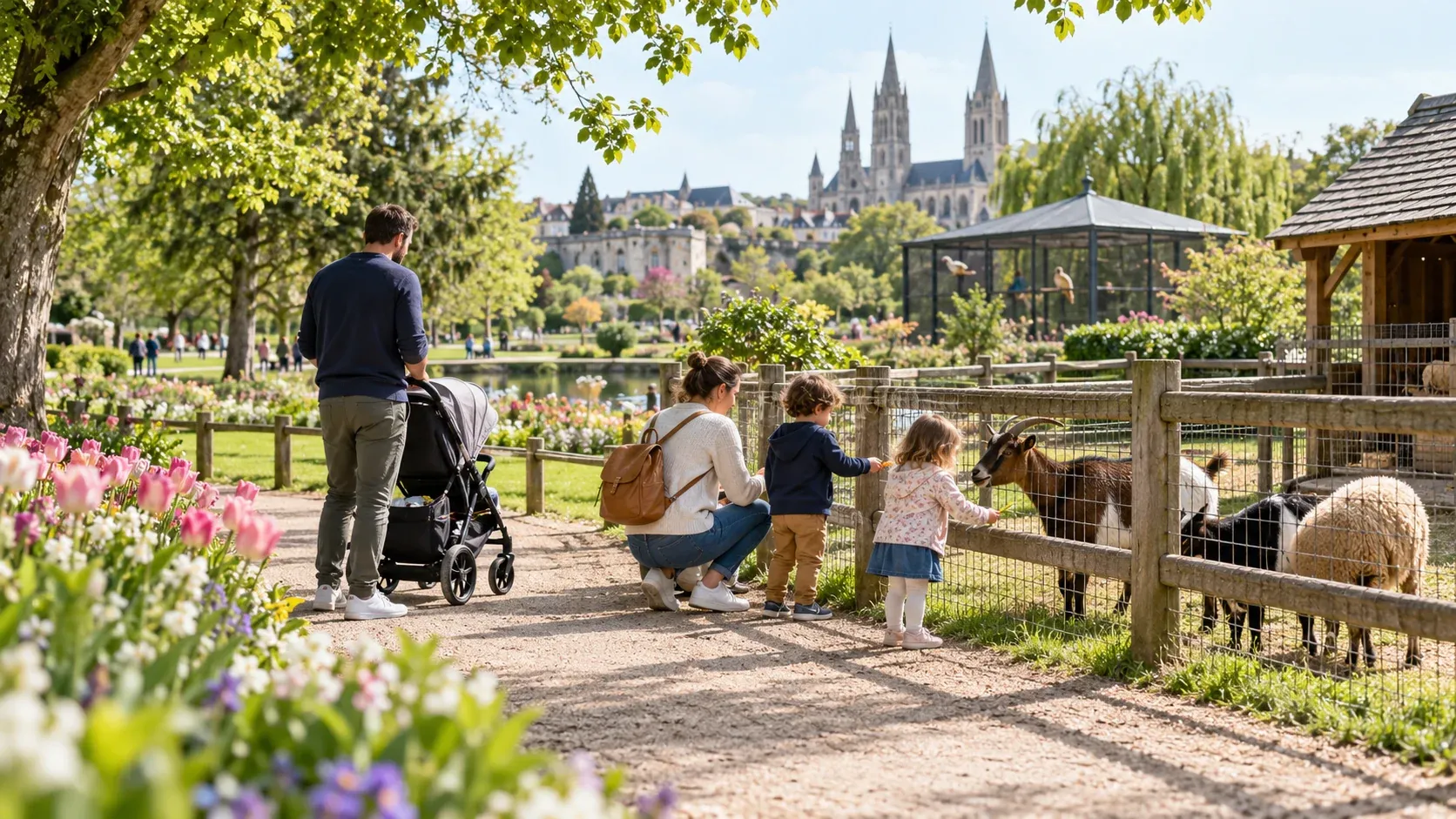 Famille visitant La Colline aux Oiseaux à Caen