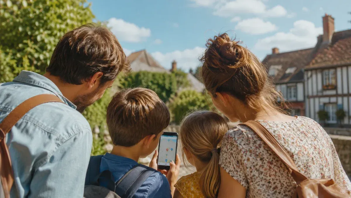 Famille consultant la carte interactive Wezou pour trouver une sortie autour de Bayeux