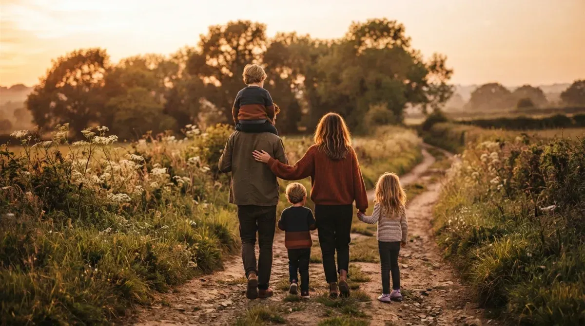 Famille heureuse à la fin d’une journée de sortie en Normandie près de Caen