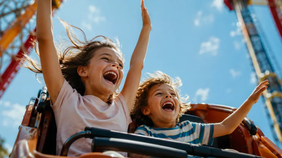 Enfants souriants sur un manège à sensations à Festyland, le parc d'attractions en famille près de Caen