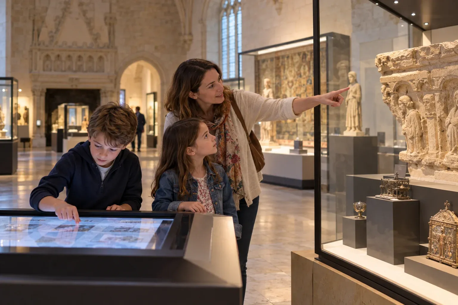 Parents et enfants découvrant les collections du MAHB à Bayeux