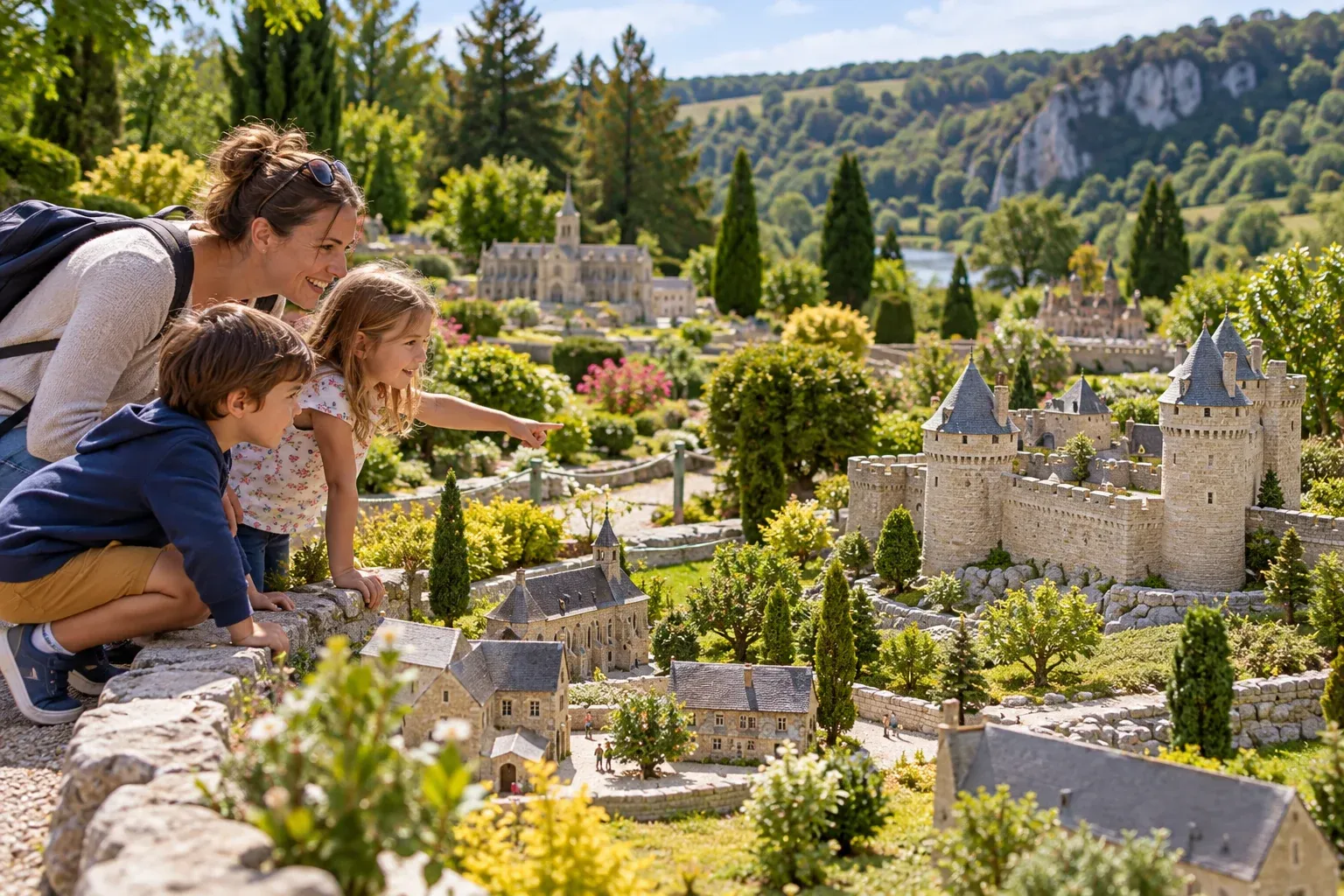 Famille visitant Le Monde Miniature à Clécy, Suisse Normande