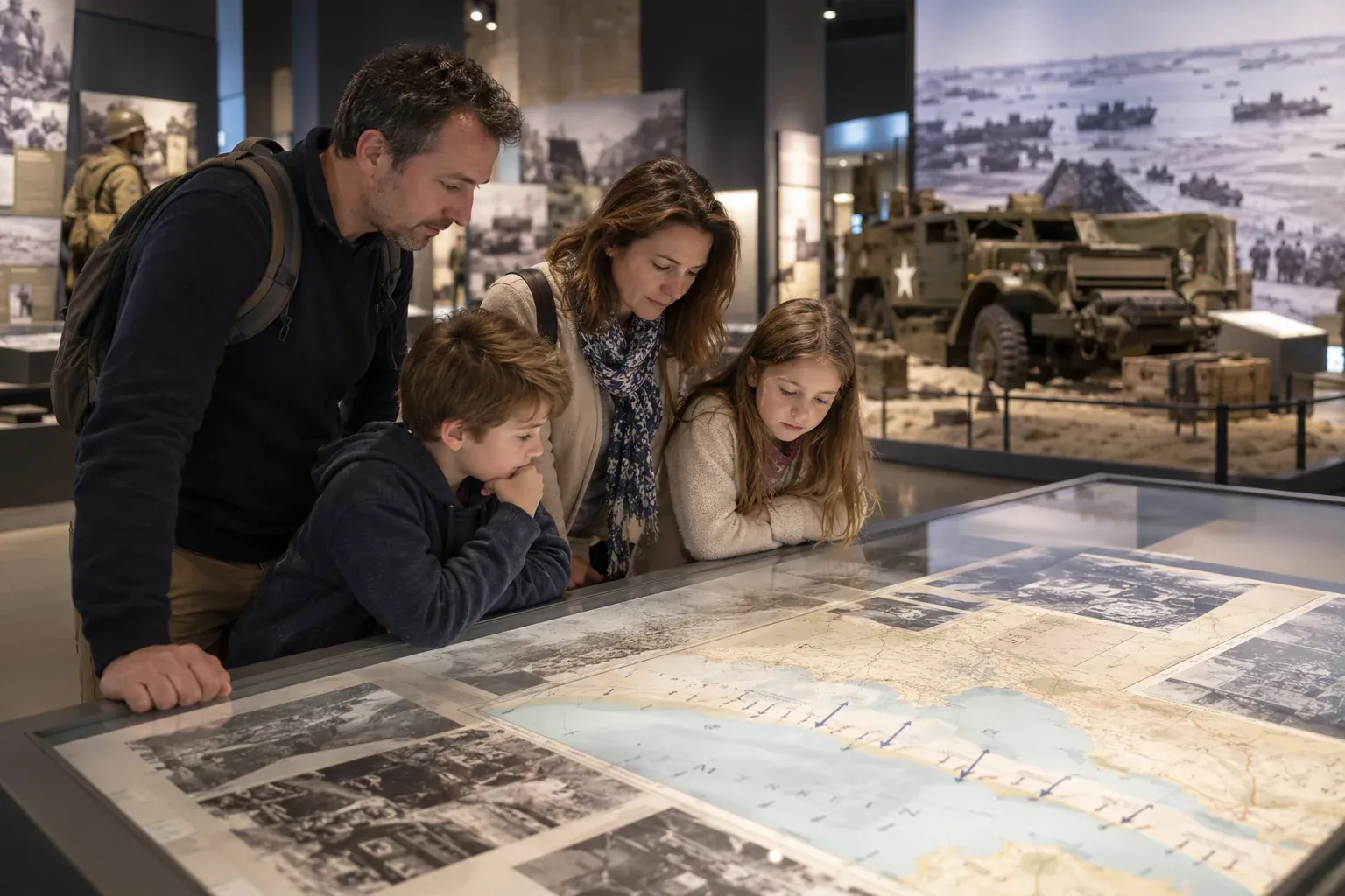 Famille visitant le Musée Mémorial de la Bataille de Normandie à Bayeux