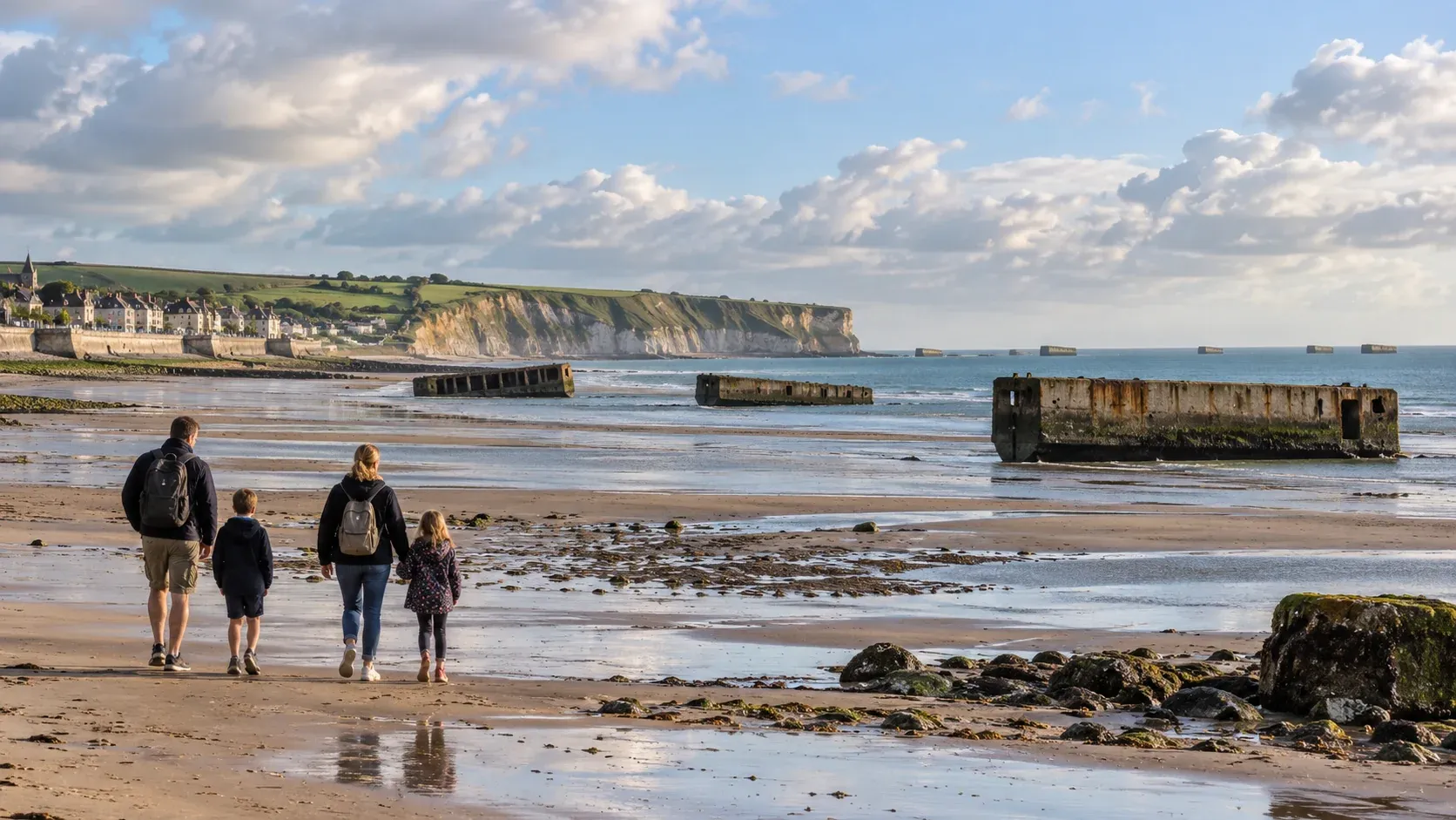 Famille observant les vestiges du port artificiel à Arromanches près de Bayeux